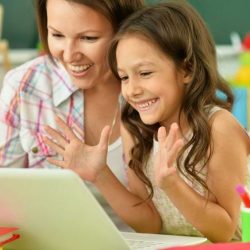 Aws Teacher And Girl Student Smiling At Laptop